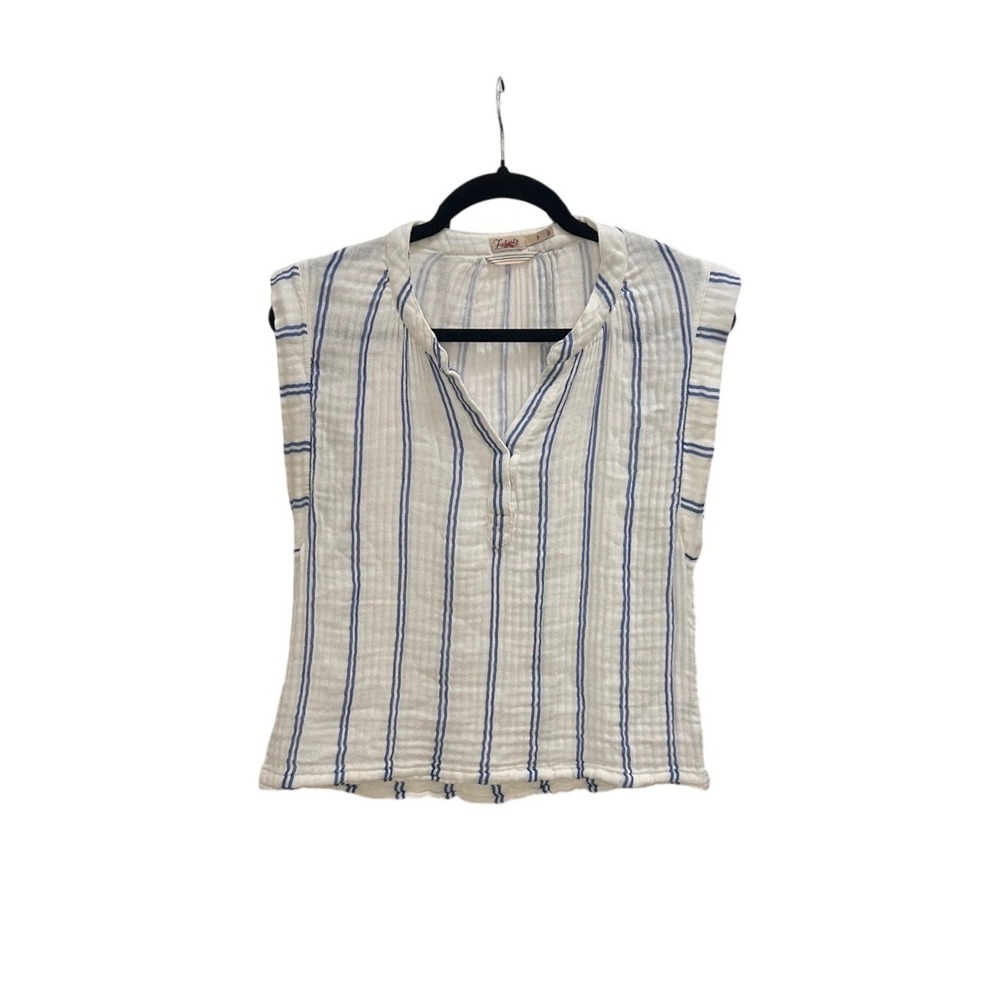 Faherty Organic Cotton Striped Gauze Sleeveless Split‎ Neck Top White Blue S